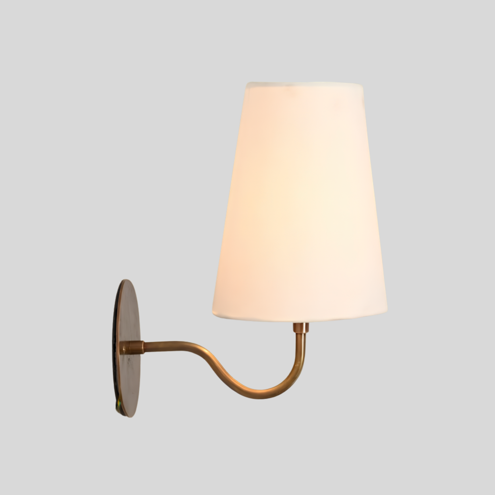 Small Curved Arm Linen Shade Sconce - Brass Bedside Wall Lamp