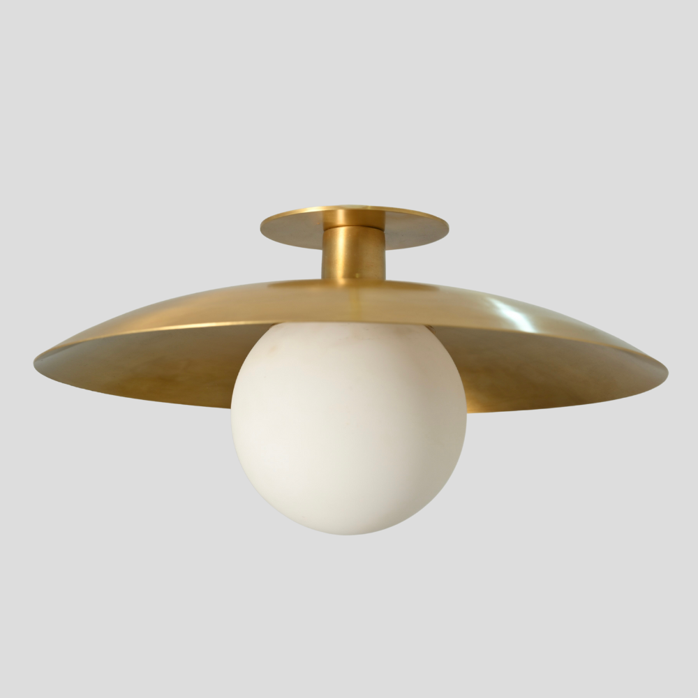 Modern flush mount with frosted glass globe on a grey background.