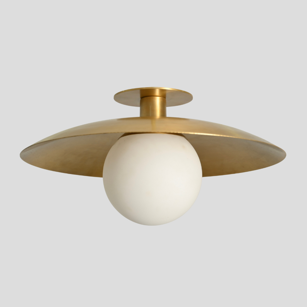 Modern flush mount with frosted glass globe on a grey background.