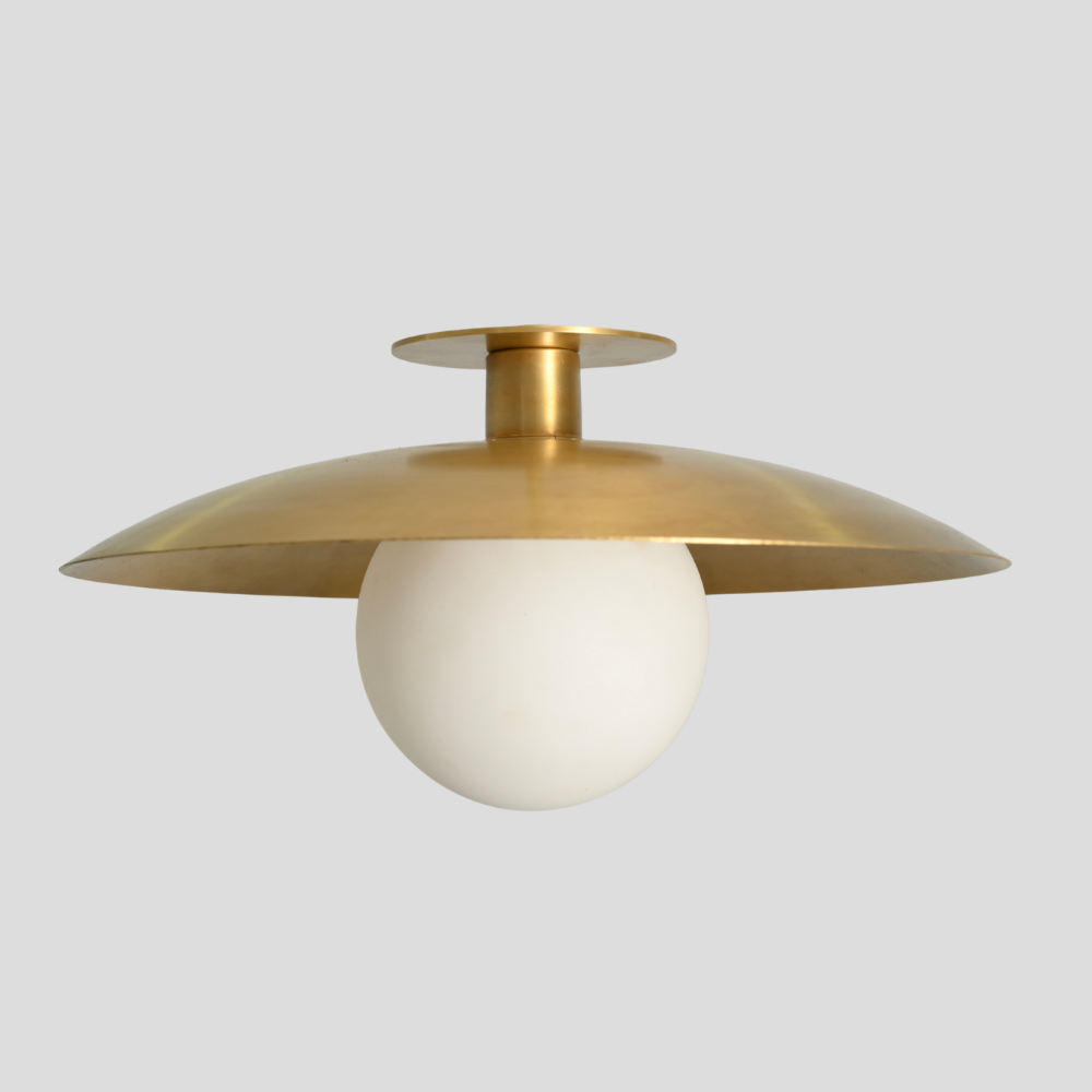Modern flush mount with frosted glass globe on a grey background.