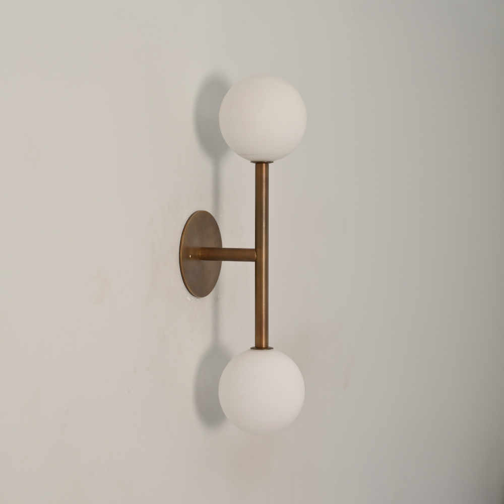 Dual Milk Glass Globe Wall Sconce & Brass Stem - 2 Light Vanity Light