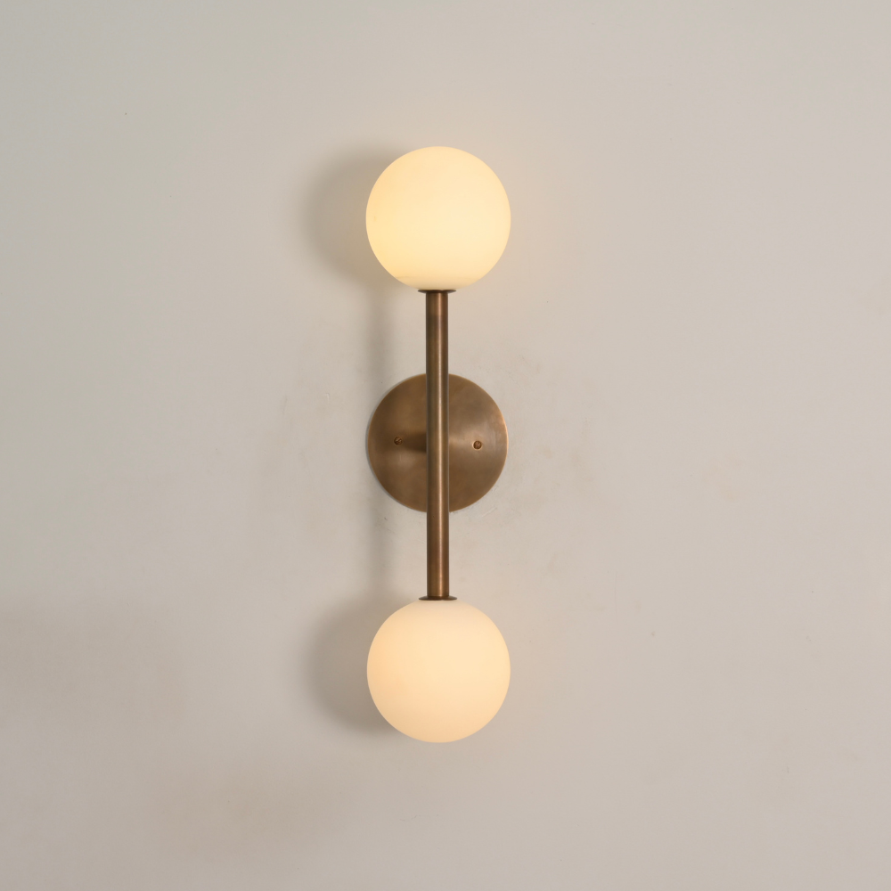Dual Milk Glass Globe Wall Sconce & Brass Stem - 2 Light Vanity Light