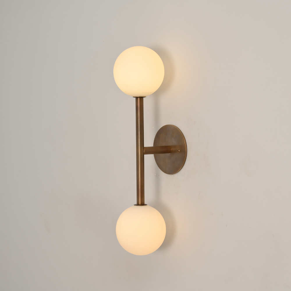 Dual Milk Glass Globe Wall Sconce & Brass Stem - 2 Light Vanity Light