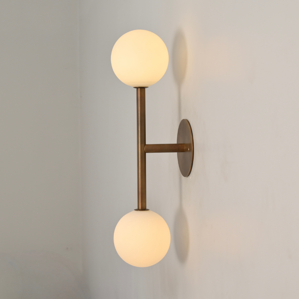 Dual Milk Glass Globe Wall Sconce & Brass Stem - 2 Light Vanity Light