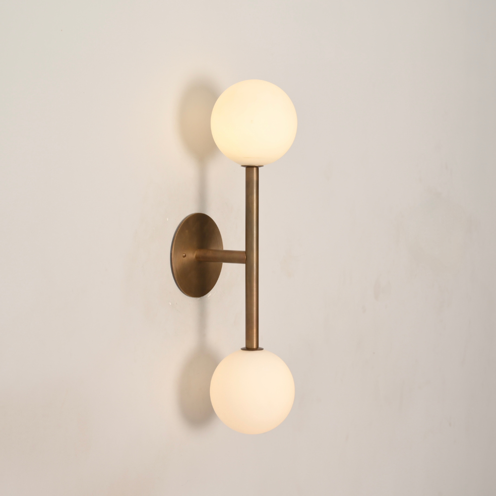 Dual Milk Glass Globe Wall Sconce & Brass Stem - 2 Light Vanity Light