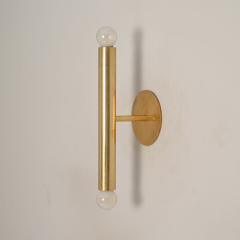 Slim Brass Cylinder Tube Sconce - 2 Light Bare Bulb Vertical Wall Lamp