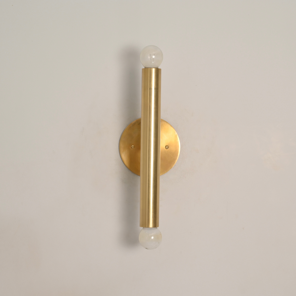 Slim Brass Cylinder Tube Sconce - 2 Light Bare Bulb Vertical Wall Lamp