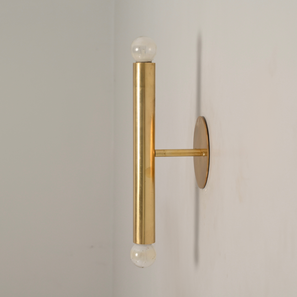 Slim Brass Cylinder Tube Sconce - 2 Light Bare Bulb Vertical Wall Lamp