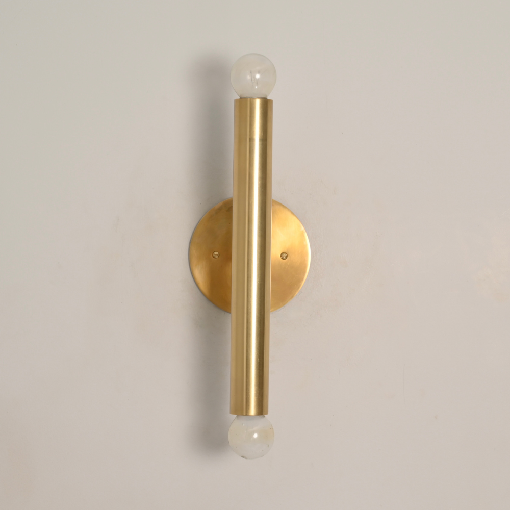 Slim Brass Cylinder Tube Sconce - 2 Light Bare Bulb Vertical Wall Lamp