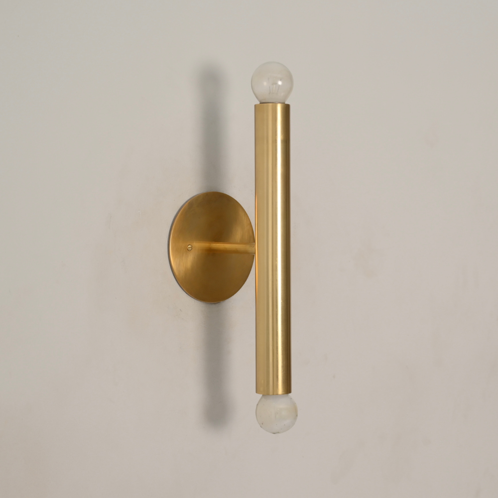 Slim Brass Cylinder Tube Sconce - 2 Light Bare Bulb Vertical Wall Lamp