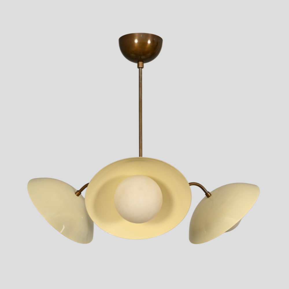 3 Light Mid Century Chandelier - Cream & Brass Globe Pendant