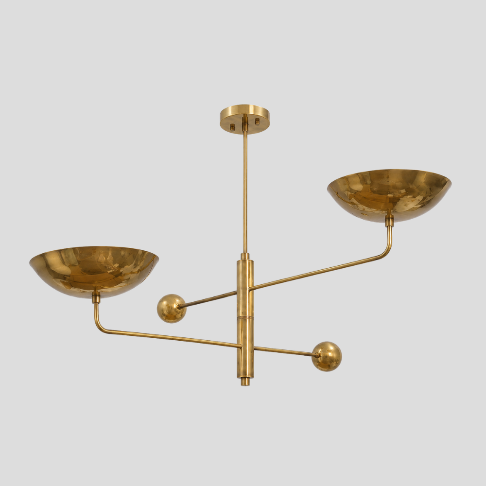 Double Arm Brass Bowl Chandelier - Mid Century Twin Linear Dome Pendant