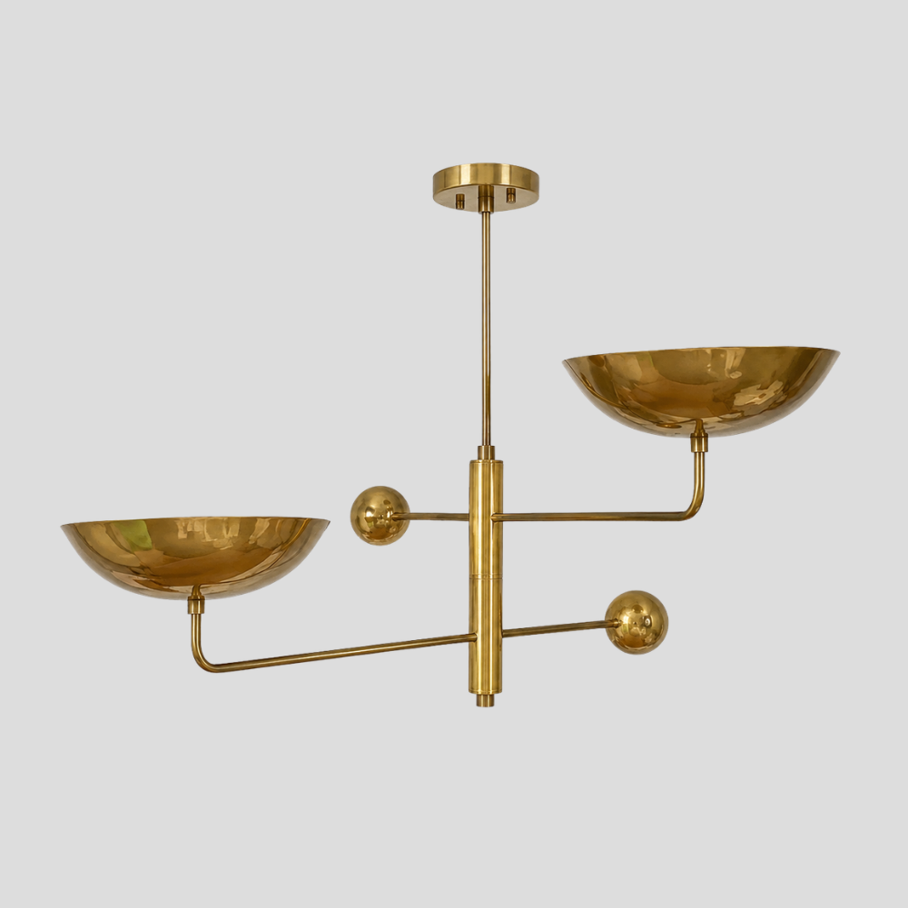 Double Arm Brass Bowl Chandelier - Mid Century Twin Linear Dome Pendant