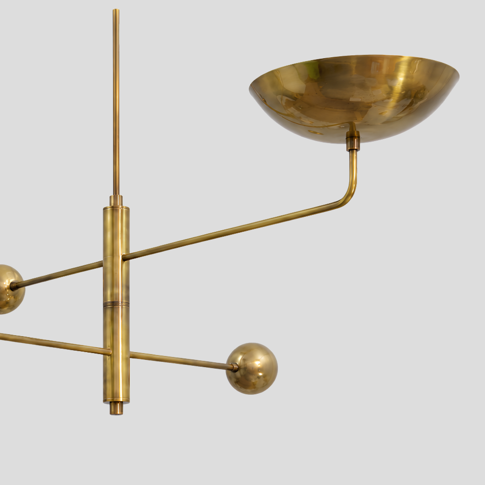 Double Arm Brass Bowl Chandelier - Mid Century Twin Linear Dome Pendant