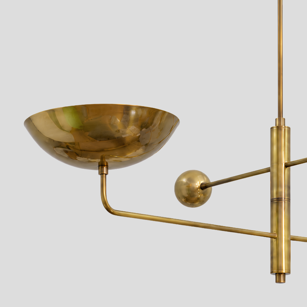 Double Arm Brass Bowl Chandelier - Mid Century Twin Linear Dome Pendant