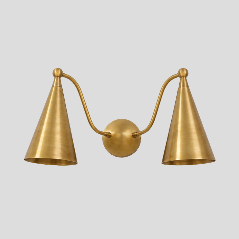 Double Brass Cone Vanity Light - Mid Century Curved Arm Sconce