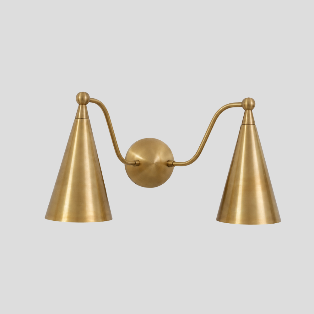 Double Brass Cone Vanity Light - Mid Century Curved Arm Sconce