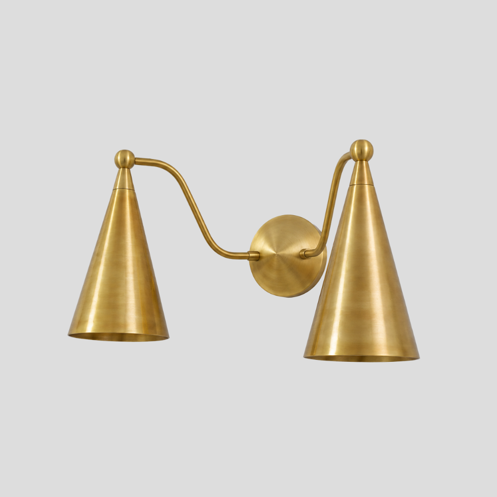 Double Brass Cone Vanity Light - Mid Century Curved Arm Sconce