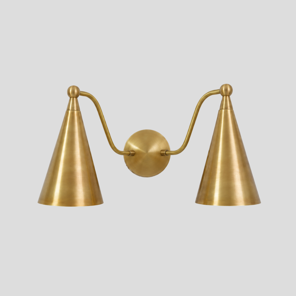 Double Brass Cone Vanity Light - Mid Century Curved Arm Sconce