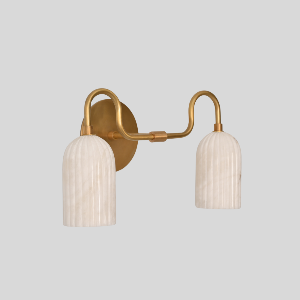 Double Ribbed Alabaster Vanity Light - Mid Century Brass Marble Wall Sconce