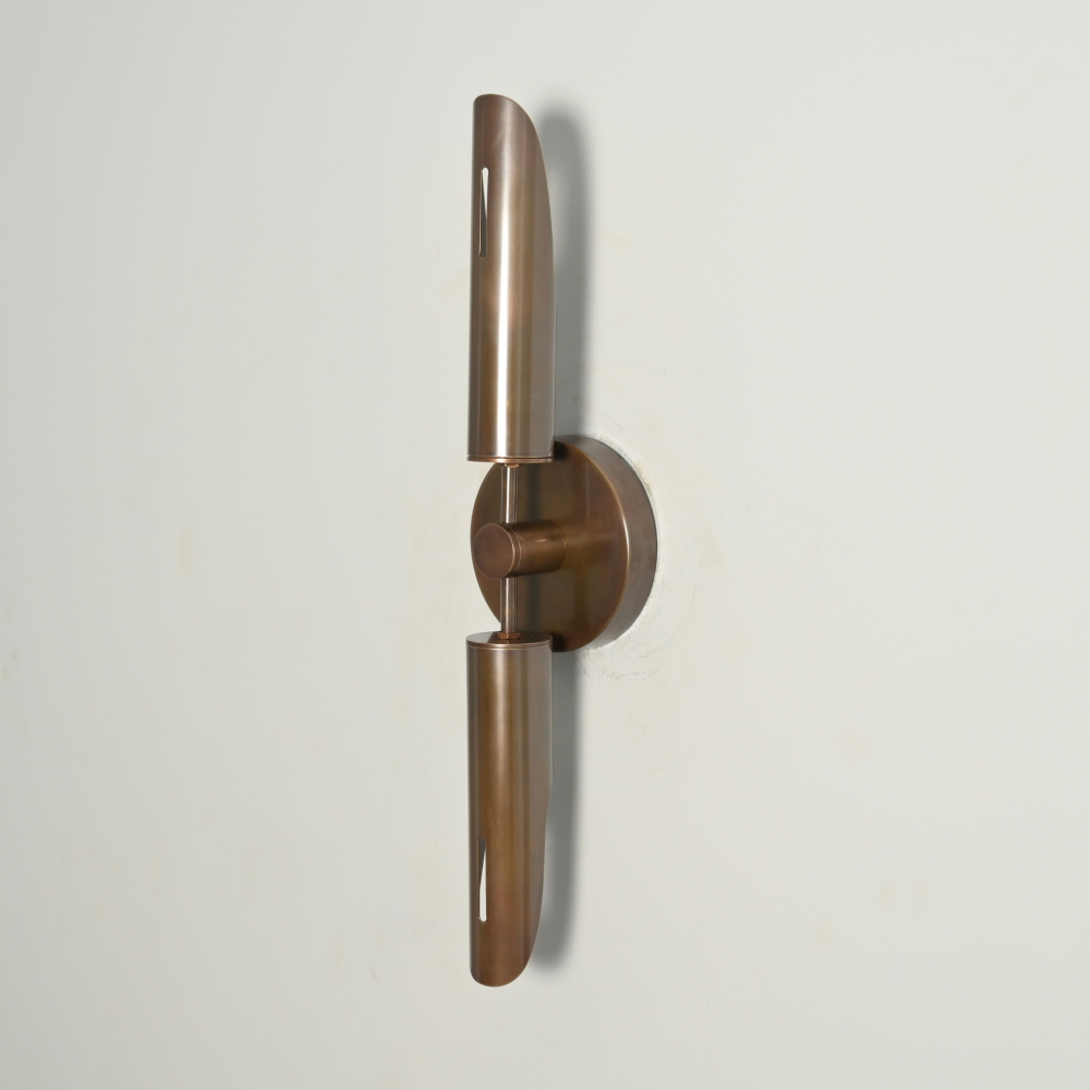 Two Light Brass Tube Wall Sconce - Double Vertical Cylinder Wall Lamp