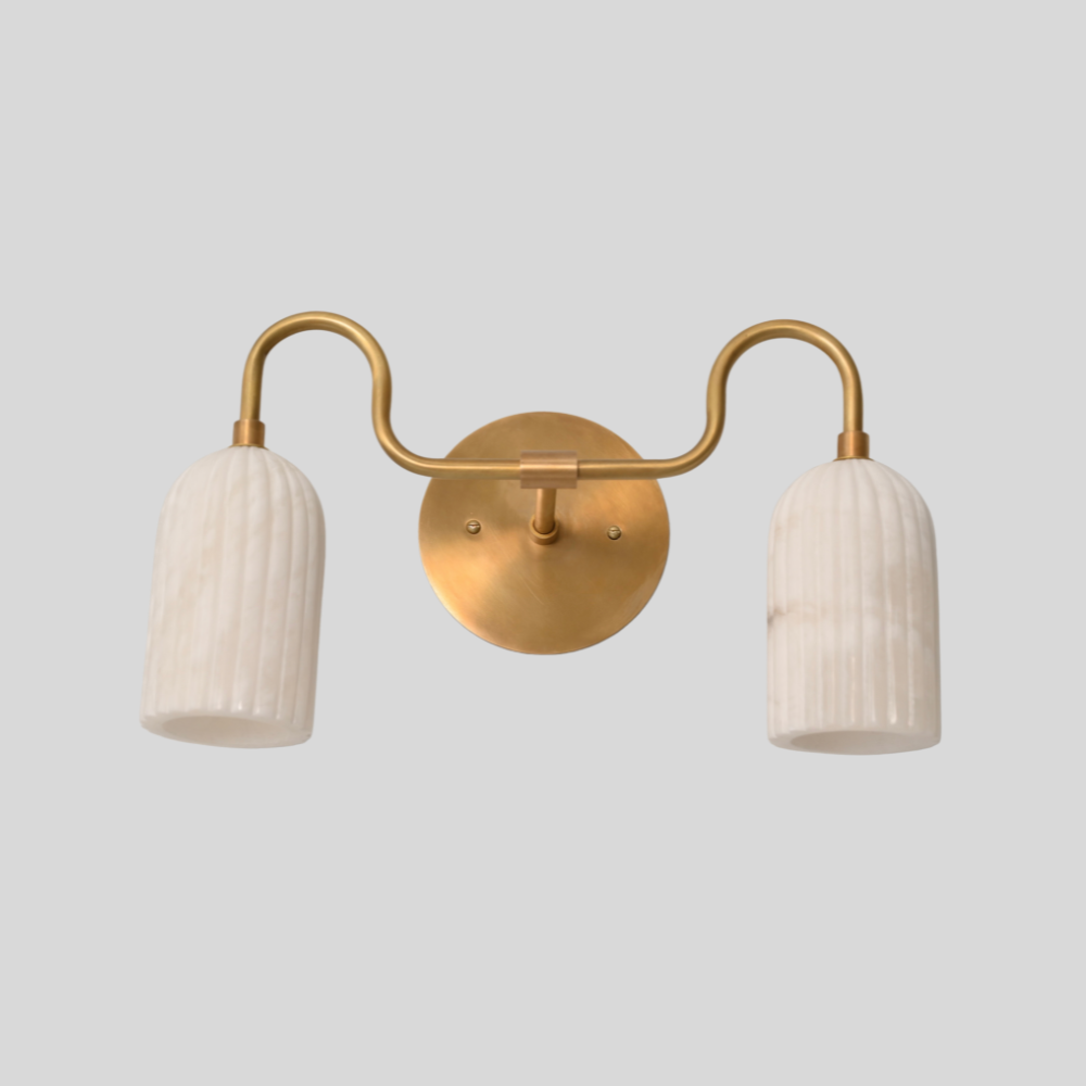 Double Ribbed Alabaster Vanity Light - Mid Century Brass Marble Wall Sconce