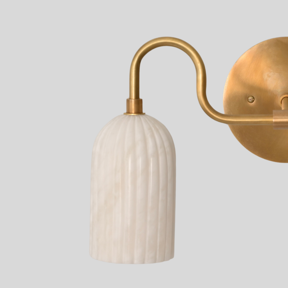 Double Ribbed Alabaster Vanity Light - Mid Century Brass Marble Wall Sconce