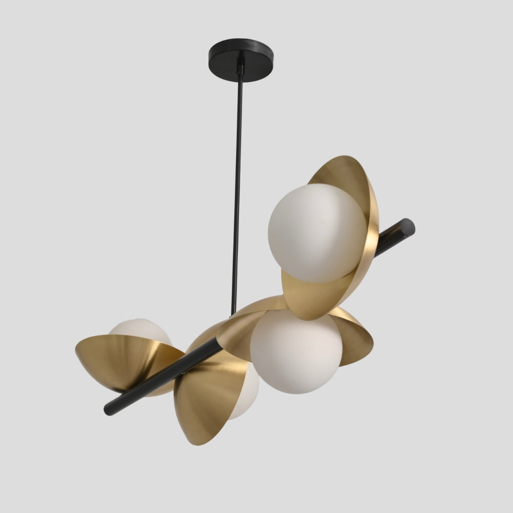 4 brass frosted spheres ceiling light in a mid century design and a pure matt black shade