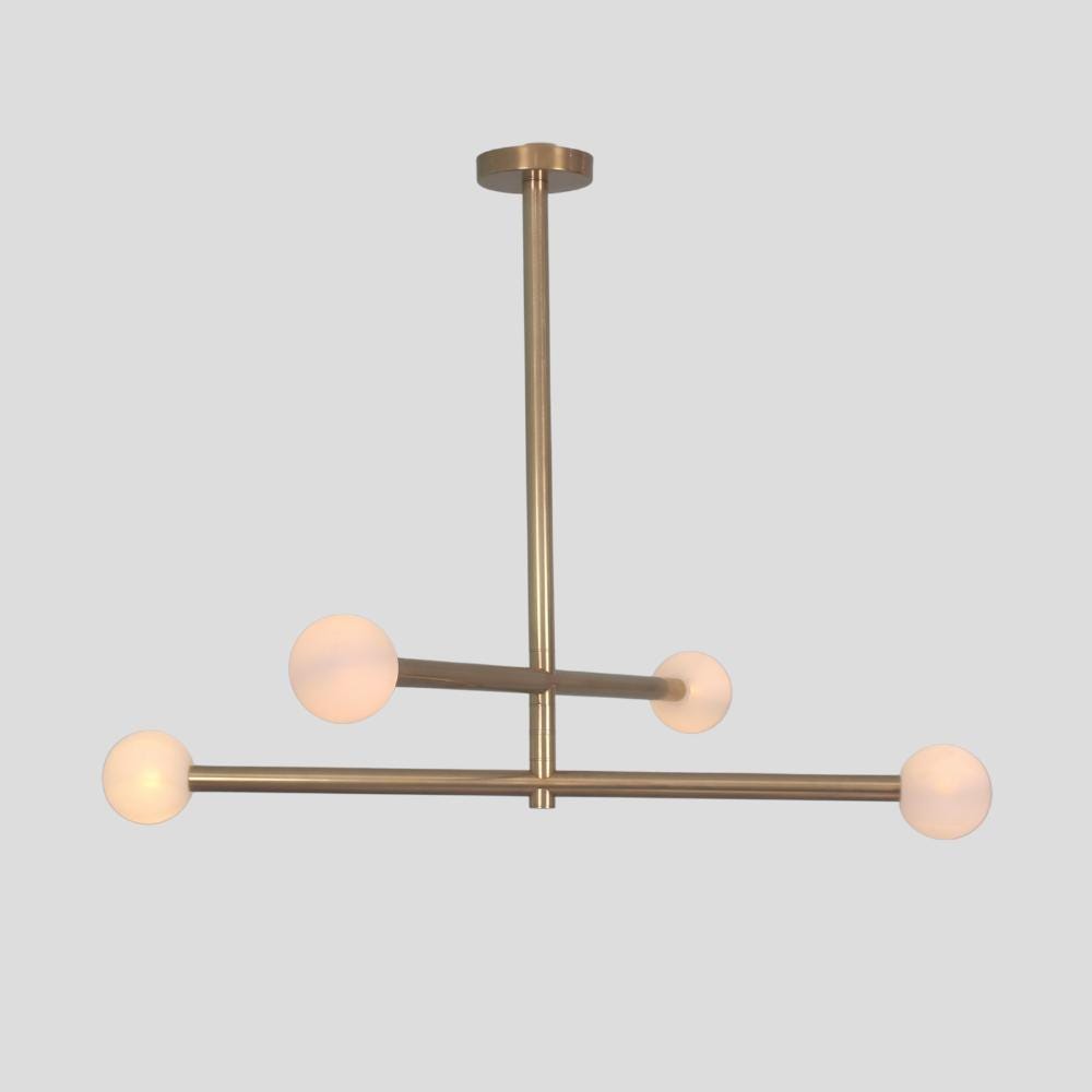 Linear 4 light brass sputnik chandelier, handcrafted in a mid century design