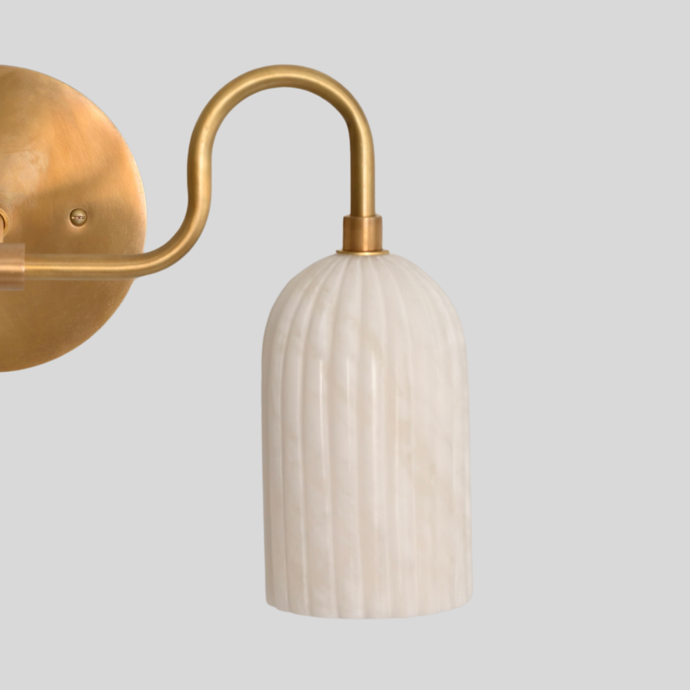 Double Ribbed Alabaster Vanity Light - Mid Century Brass Marble Wall Sconce