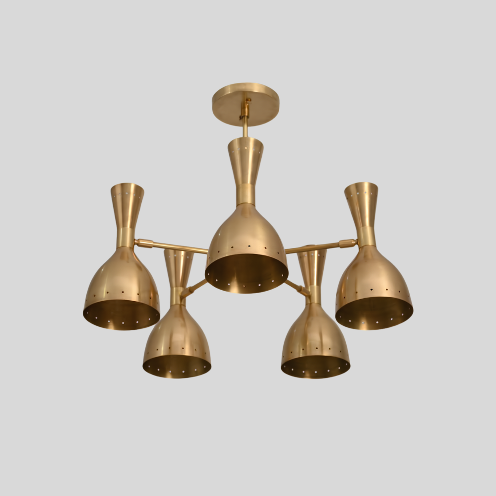 5 Brass Dual Cone Chandelier - Perforated Diabolo Ceiling Light