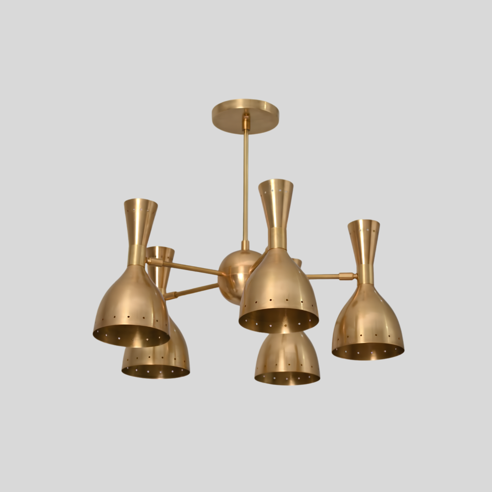 5 Brass Dual Cone Chandelier - Perforated Diabolo Ceiling Light