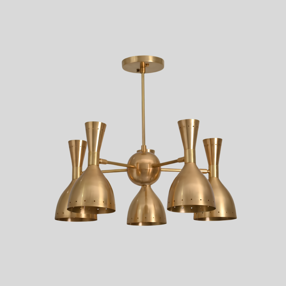 5 Brass Dual Cone Chandelier - Perforated Diabolo Ceiling Light