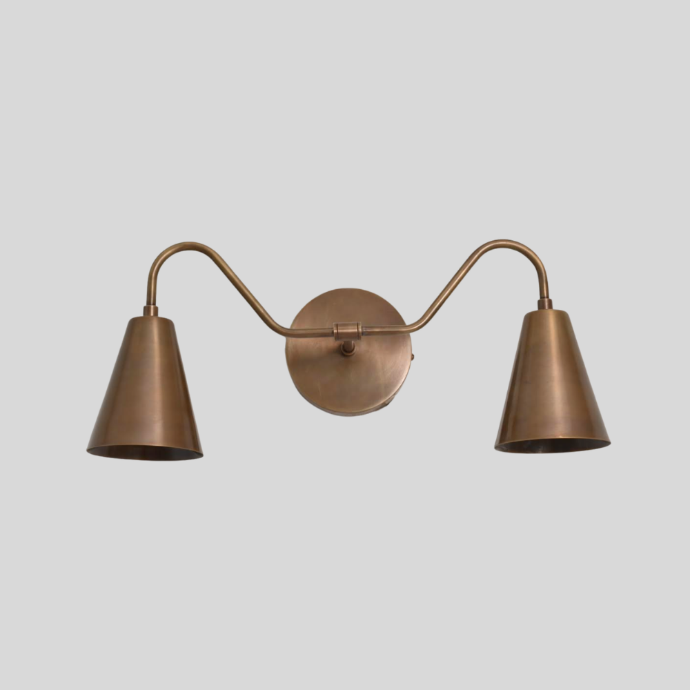 Double Long Cone Vanity Light - Mid Century 2 Brass Shades Wall Sconce