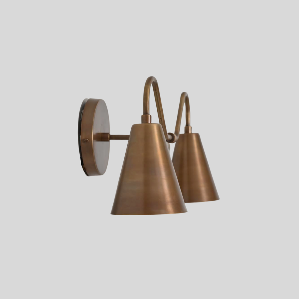 Double Long Cone Vanity Light - Mid Century 2 Brass Shades Wall Sconce