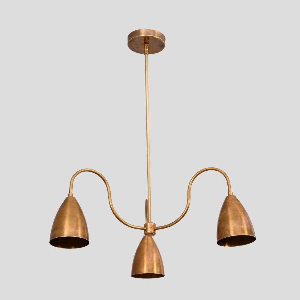 Three Arm Brass & Black Pendant - Downward Shades Chandelier