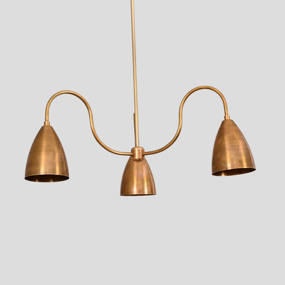 Three Arm Brass & Black Pendant - Downward Shades Chandelier