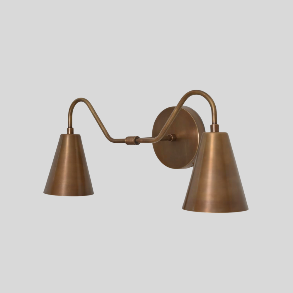 Double Long Cone Vanity Light - Mid Century 2 Brass Shades Wall Sconce
