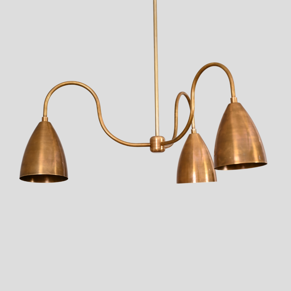 Three Arm Brass & Black Pendant - Downward Shades Chandelier