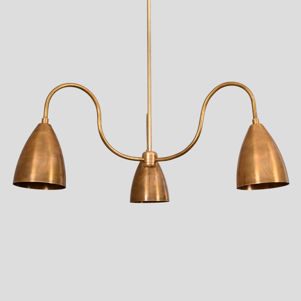 Three Arm Brass & Black Pendant - Downward Shades Chandelier