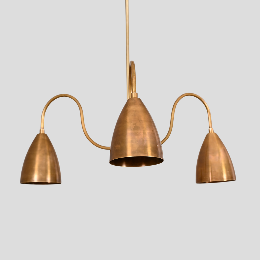 Three Arm Brass & Black Pendant - Downward Shades Chandelier