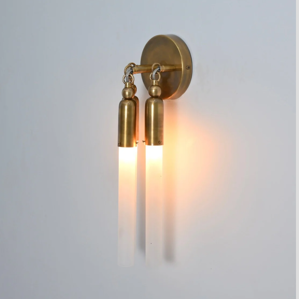 3 Light Brass Glass Tube Wall Sconce - Handmade Mid Century Wall Light