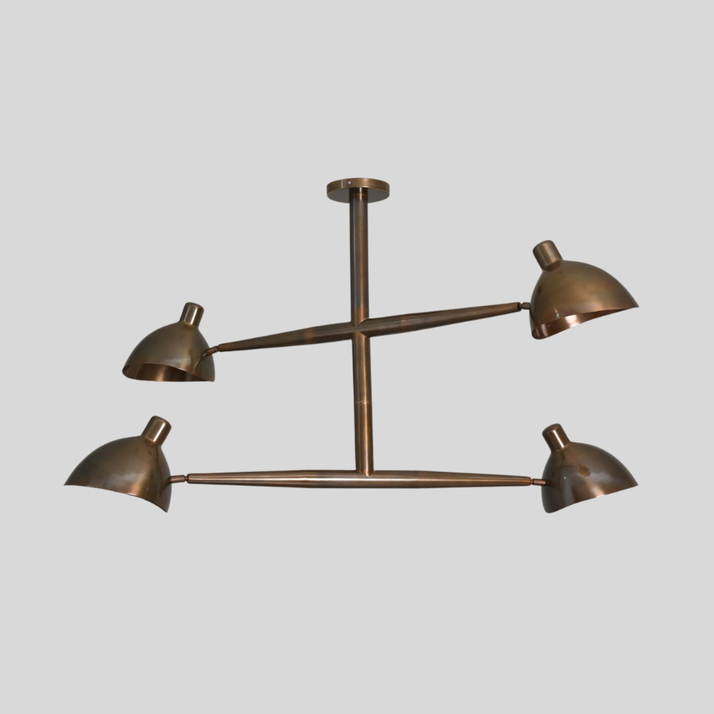 4 Light Brass Linear Chandelier - Mid Century Dome Shade Ceiling Light