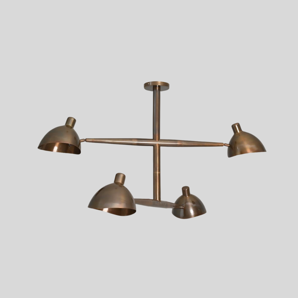 4 Light Brass Linear Chandelier - Mid Century Dome Shade Ceiling Light