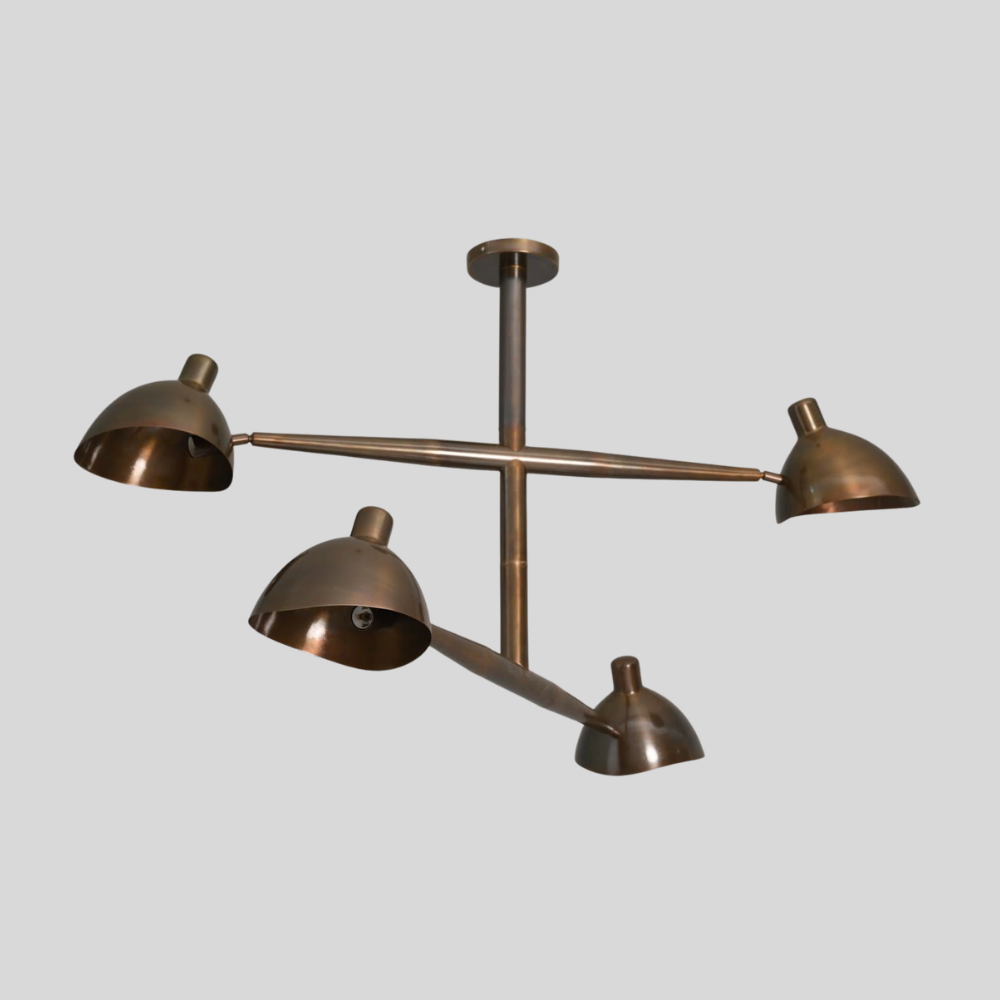 4 Light Brass Linear Chandelier - Mid Century Dome Shade Ceiling Light