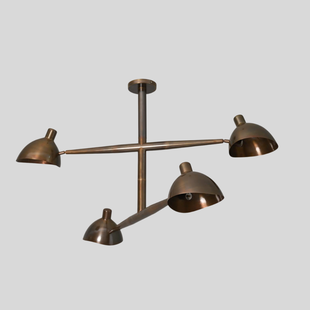 4 Light Brass Linear Chandelier - Mid Century Dome Shade Ceiling Light
