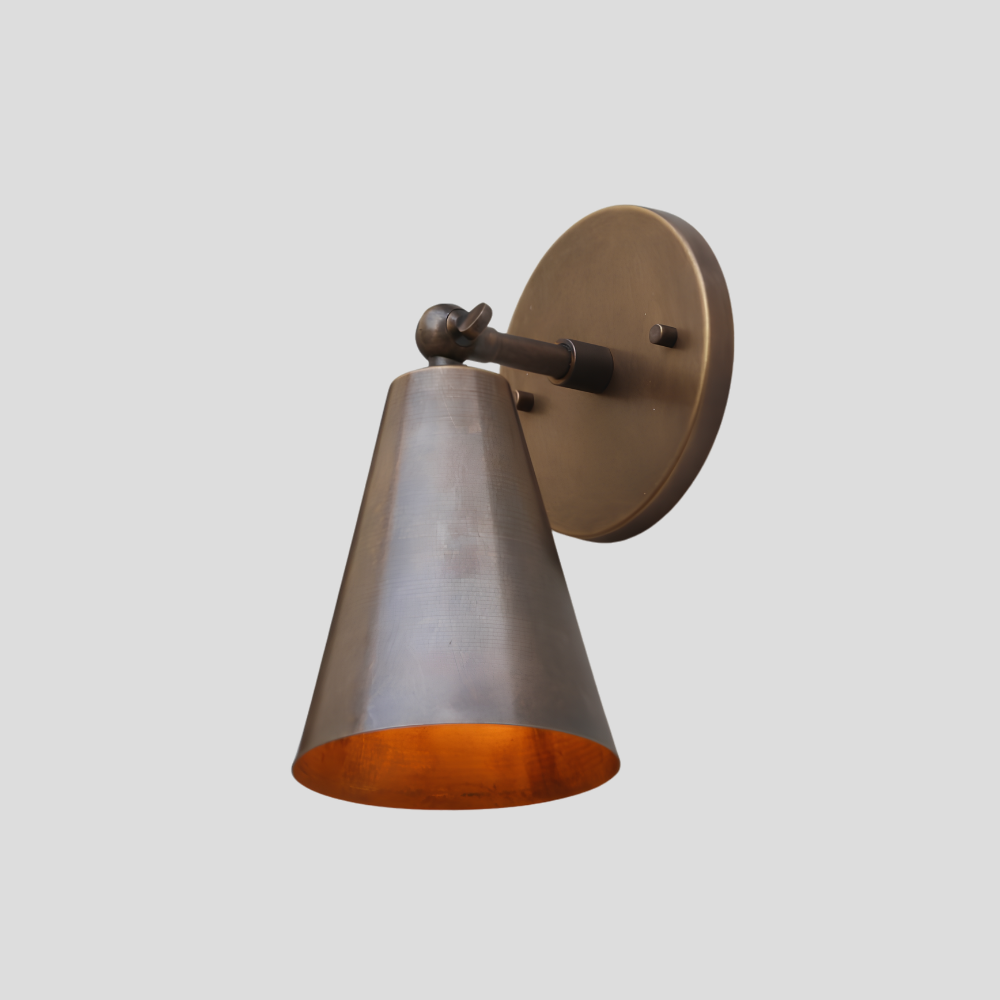 Adjustable Brass Cone Spot Light - Mid Century Modern Wall Sconce with Tapered Cone Shade, Articulated Tilting Ball Joint, Short Arm, and Round Wall Mount Base