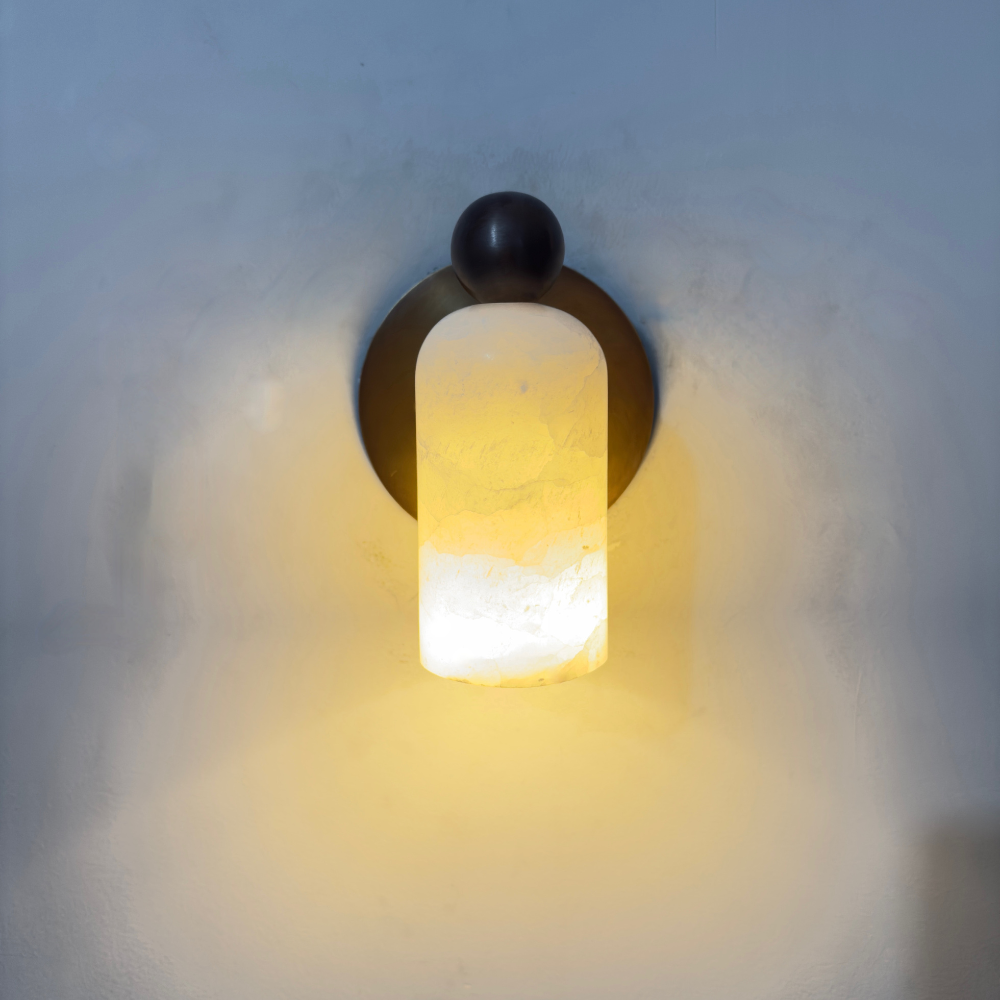 Mid century brass alabaster marble shade sconce and a minimalist ball on the top handcrafted by Lightcove