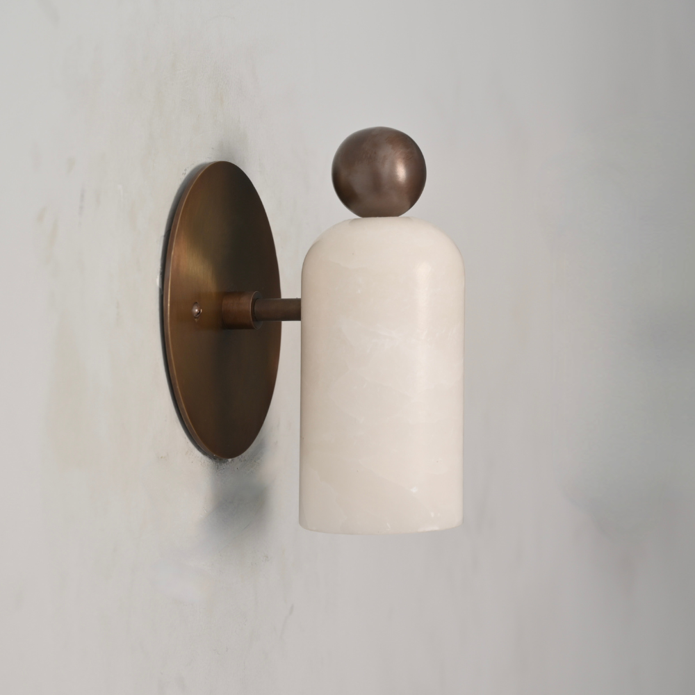 Minimalist brass stub arm marble shade wall lamp handcrafted with a decorative ball