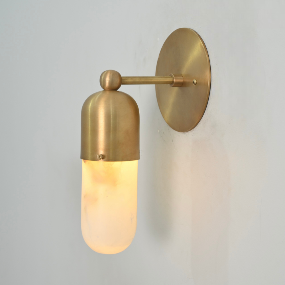 Mid century brass and alabaster wall lamp with marble shade